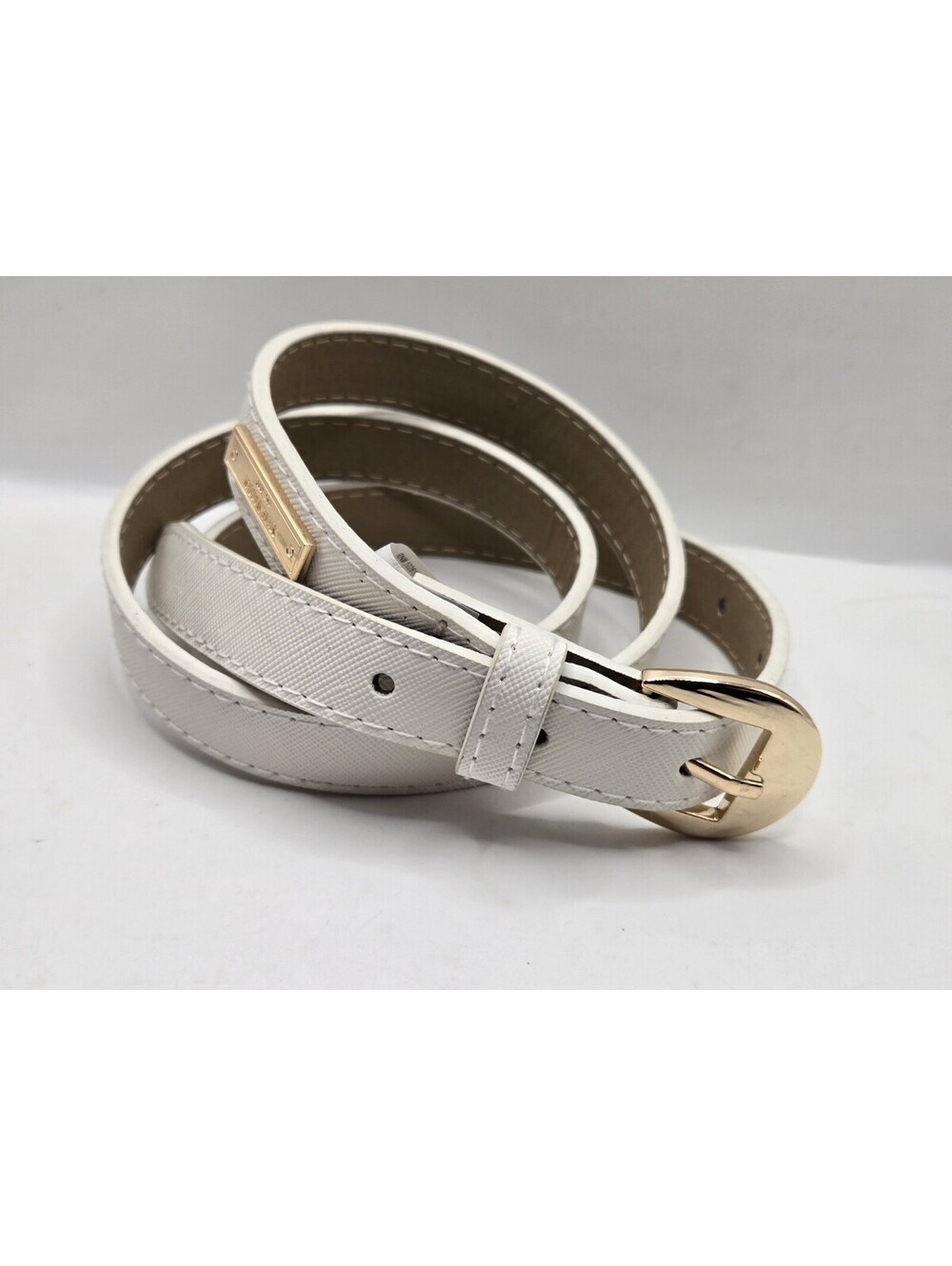 Steve Madden Women's White Saffiano Leather Skinny Belt Gold Buckle Plaque Sz M